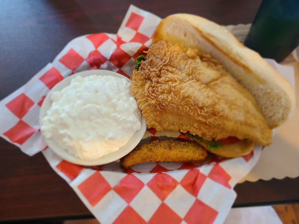 Catfish Sandwich with Fried Pickle and Cottage Cheese